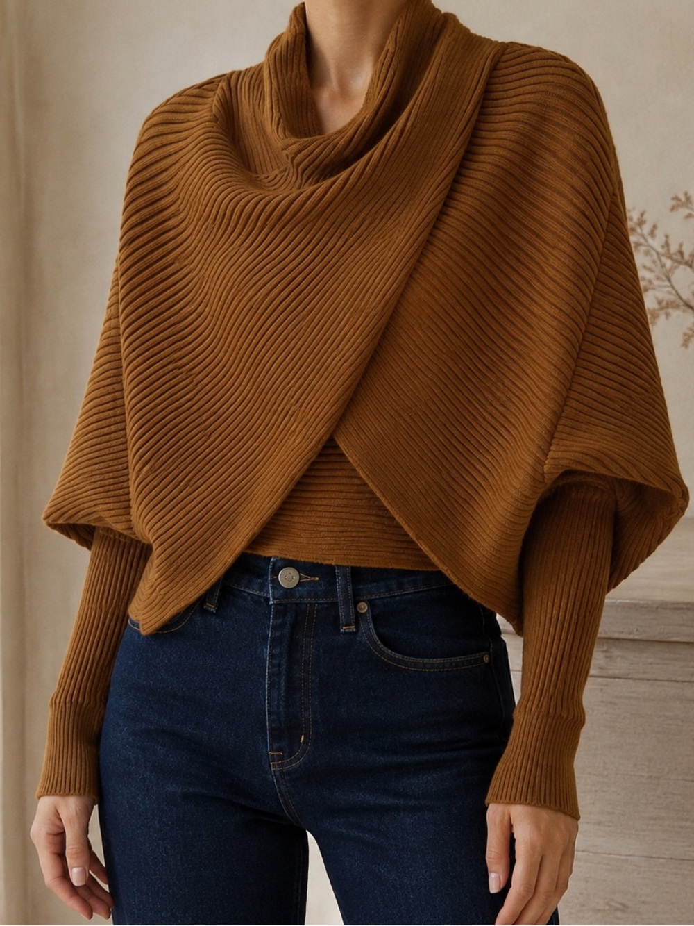 ASTR The Label Women’s Ribbed Cowl Neck Draped Poncho Sweater Camel Brown Size S